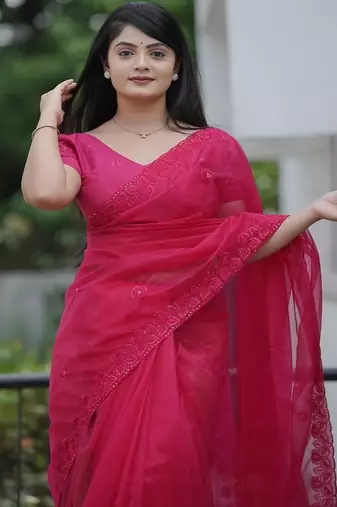 Pink Color Malti Thread & Sequence Embroidery work Net Saree