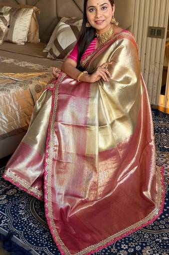 Beige silk banarasi saree with unstitched blouse piece