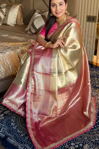 Beige silk banarasi saree with unstitched blouse piece