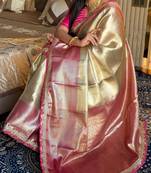 Beige silk blend banarasi saree with unstitched blouse piece
