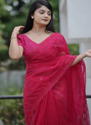 Pink Color Malti Thread & Sequence Embroidery work Net Saree 5