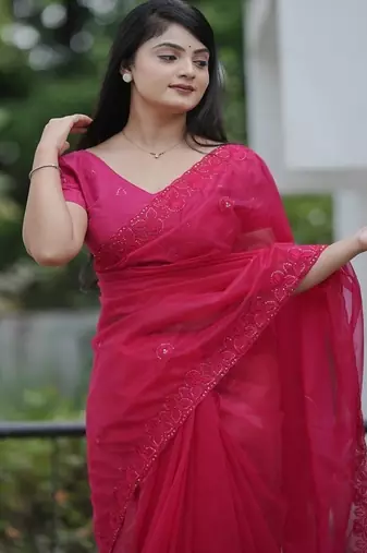 Pink Color Malti Thread & Sequence Embroidery work Net Saree