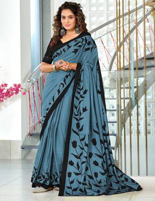 Grey floral print mulmul cotton saree with blouse. 1