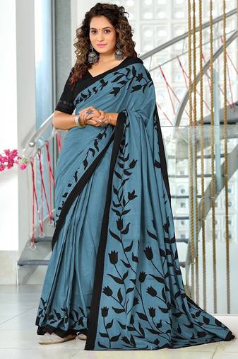Grey floral print mulmul cotton saree with blouse.