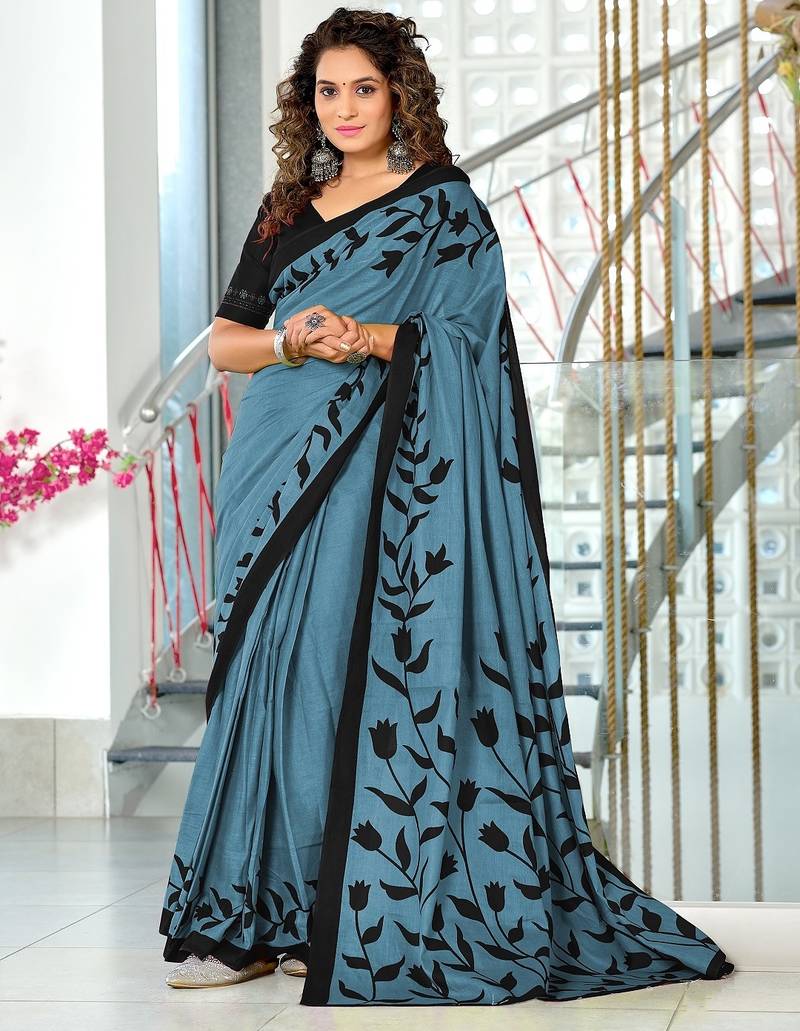 Grey floral print mulmul cotton saree with blouse.