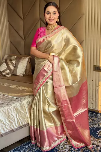 Beige silk blend banarasi saree with unstitched blouse piece