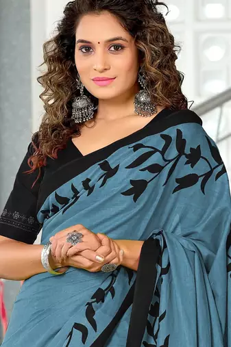 Grey floral print mulmul cotton saree with blouse.