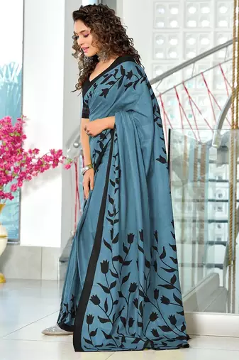 Grey floral print mulmul cotton saree with blouse.