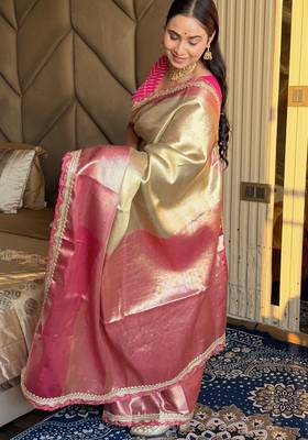 Beige silk blend banarasi saree with unstitched blouse piece 3