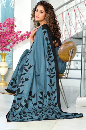 Grey floral print mulmul cotton saree with blouse.