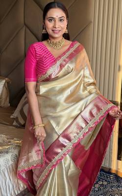 Beige silk blend banarasi saree with unstitched blouse piece 4
