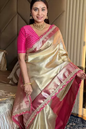 Beige silk blend banarasi saree with unstitched blouse piece