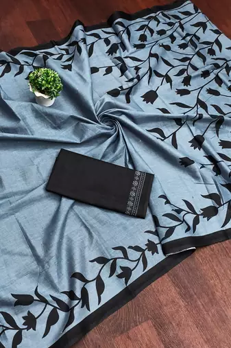 Grey floral print mulmul cotton saree with blouse.