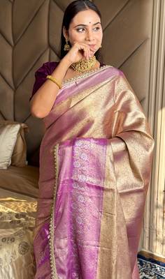 Purple silk blend banarasi saree with unstitched blouse piece 1