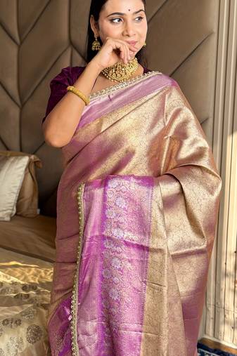 Purple silk banarasi saree with unstitched blouse piece