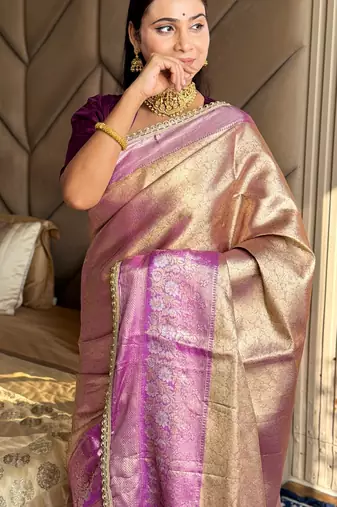 Purple silk banarasi saree with unstitched blouse piece