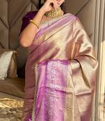 Purple silk blend banarasi saree with unstitched blouse piece