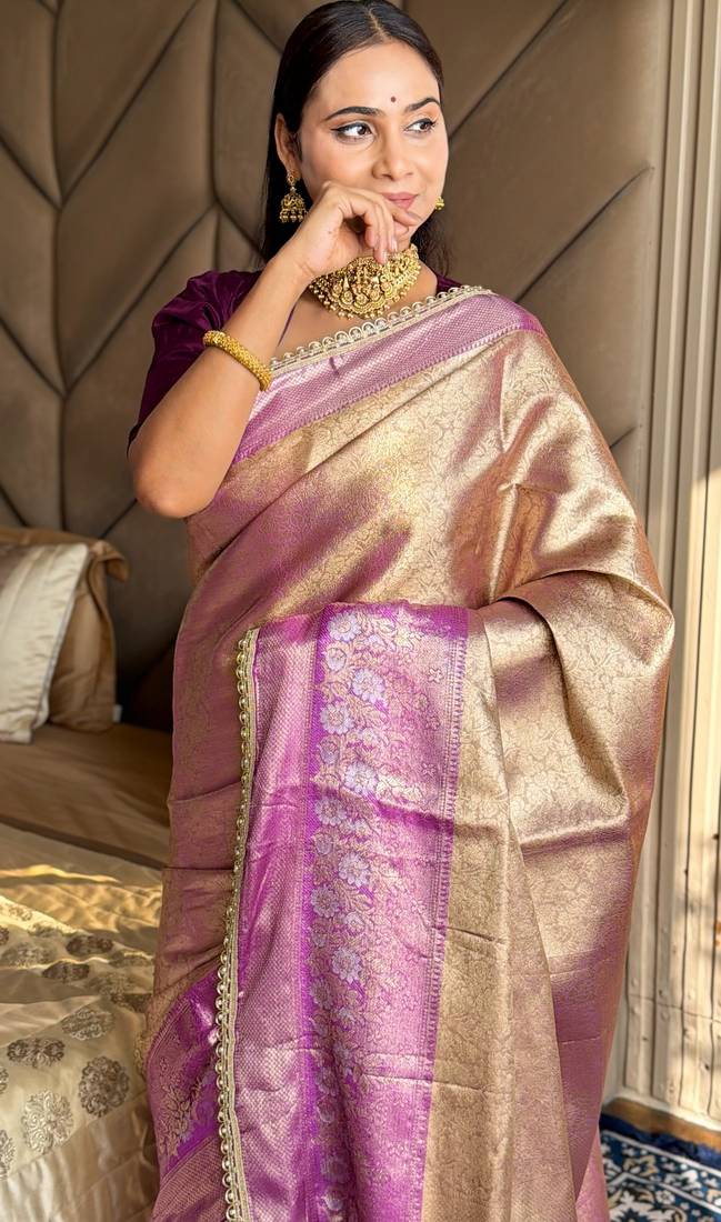 Purple silk banarasi saree with unstitched blouse piece