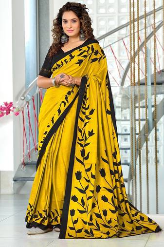 Yellow floral print mulmul cotton saree with blouse.