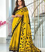 Yellow floral print mulmul cotton saree with blouse.