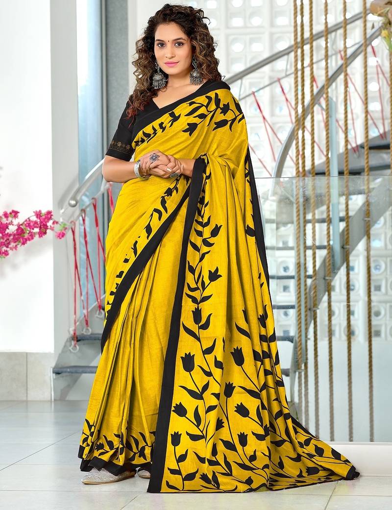 Yellow floral print mulmul cotton saree with blouse.