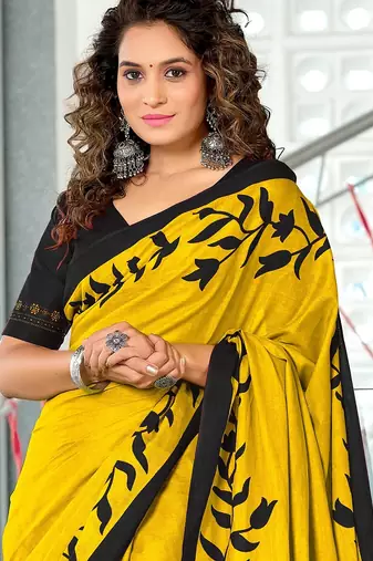 Yellow floral print mulmul cotton saree with blouse.