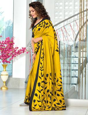 Yellow floral print mulmul cotton saree with blouse. 3