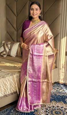Purple silk blend banarasi saree with unstitched blouse piece 4