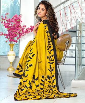 Yellow floral print mulmul cotton saree with blouse. 4