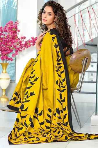 Yellow floral print mulmul cotton saree with blouse.