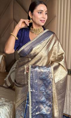 Violet silk blend banarasi saree with unstitched blouse piece 1