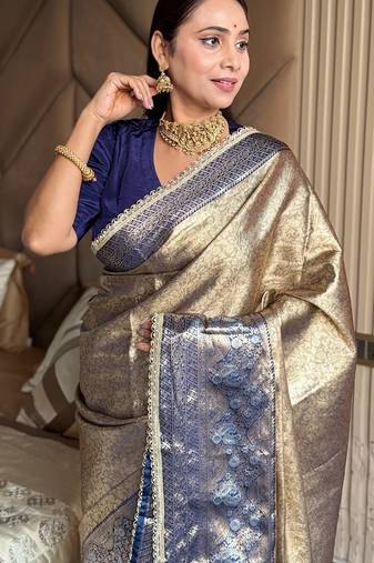 Violet silk banarasi saree with unstitched blouse piece