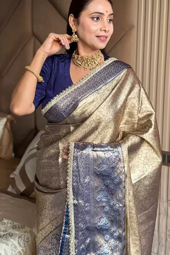 Violet silk banarasi saree with unstitched blouse piece