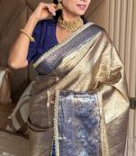 Violet silk blend banarasi saree with unstitched blouse piece