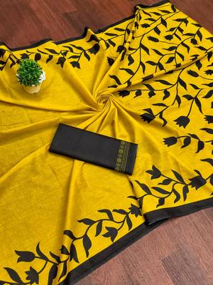 Yellow floral print mulmul cotton saree with blouse. 5