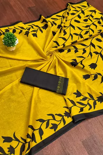 Yellow floral print mulmul cotton saree with blouse.