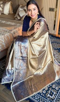 Violet silk blend banarasi saree with unstitched blouse piece 2