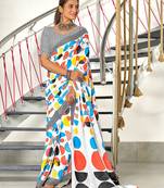 White geometric print mulmul cotton saree with blouse.