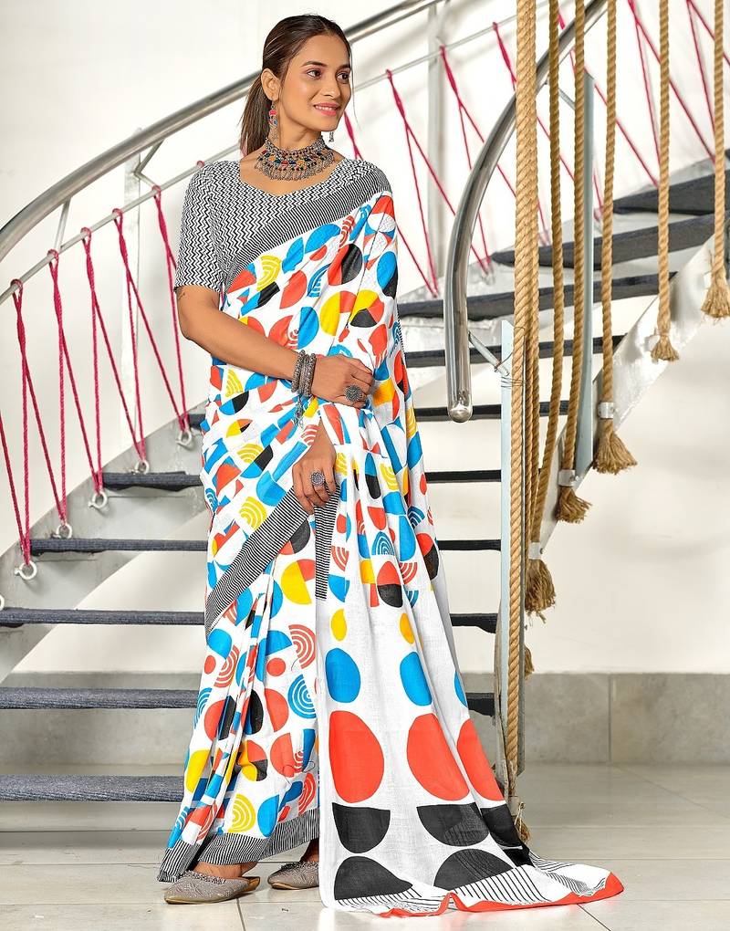 White geometric print mulmul cotton saree with blouse.