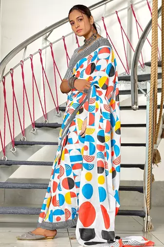 White geometric print mulmul cotton saree with blouse.