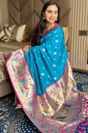 Blue silk paithani saree with unstitched blouse piece