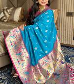 Blue silk paithani saree with unstitched blouse piece