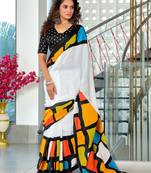 Black abstract print mulmul cotton saree with blouse.