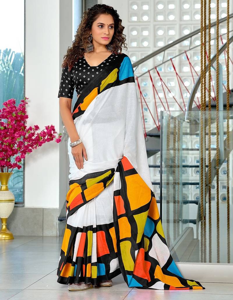 Black abstract print mulmul cotton saree with blouse.