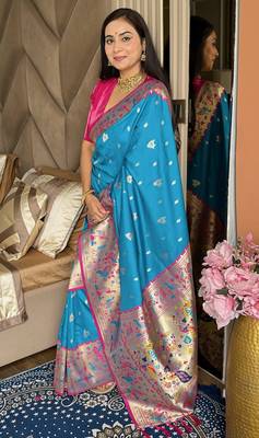 Blue silk blend paithani saree with unstitched blouse piece 3