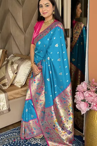 Blue silk blend paithani saree with unstitched blouse piece