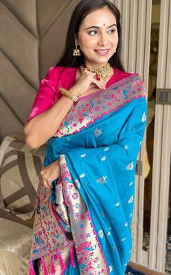 Blue silk blend paithani saree with unstitched blouse piece 4