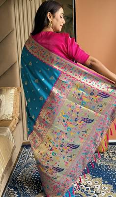 Blue silk blend paithani saree with unstitched blouse piece 5