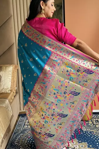 Blue silk blend paithani saree with unstitched blouse piece