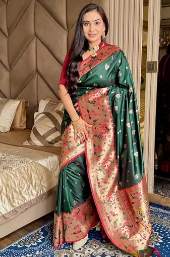 Dark green silk paithani saree with unstitched blouse piece